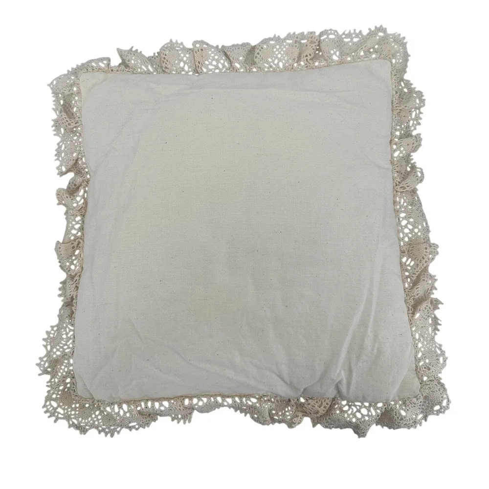Vintage Floral Hand Painted Lily Throw Pillow Candlewick Lace Trim Cottagecore